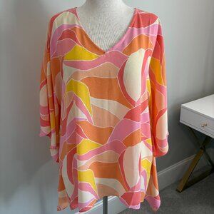QVC Belle by Kim Gravel XL Woven Aloha Poncho Sunshine Waves Butter/Pink/Peach